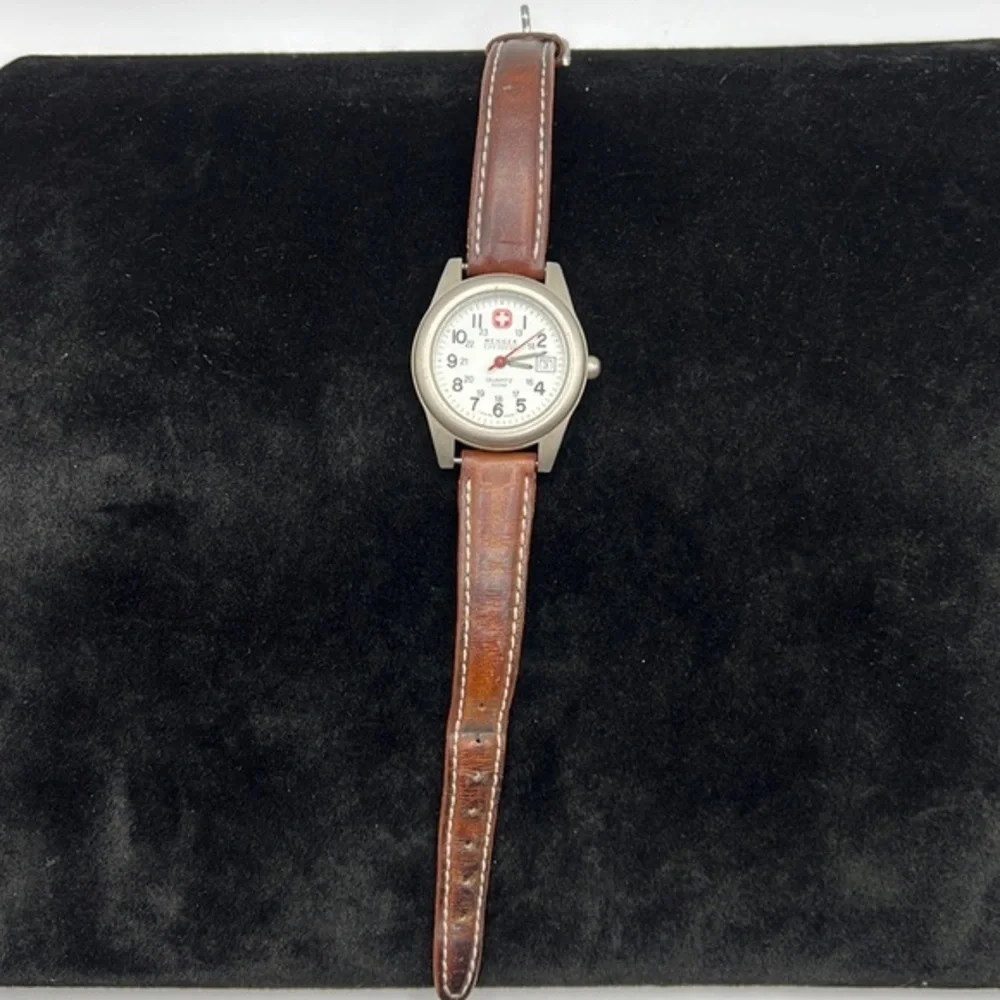 Vintage Wenger Swiss Quartz Field Watch Date Stainless Steel Leather Band